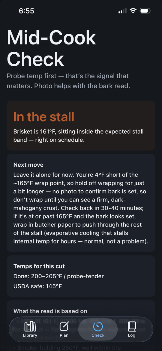 BBQAdvisor Mid-Cook Check showing an In the stall verdict at 161 degrees, with wrap guidance and the cut's done and safe temperatures